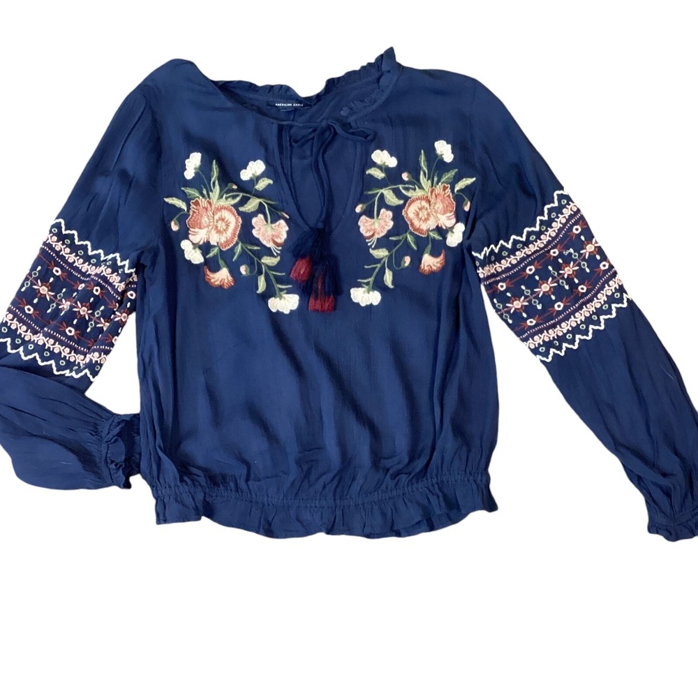 American Eagle BOHO Embroidered Tie Neck Top Long Sleeve S Navy Blue #311J